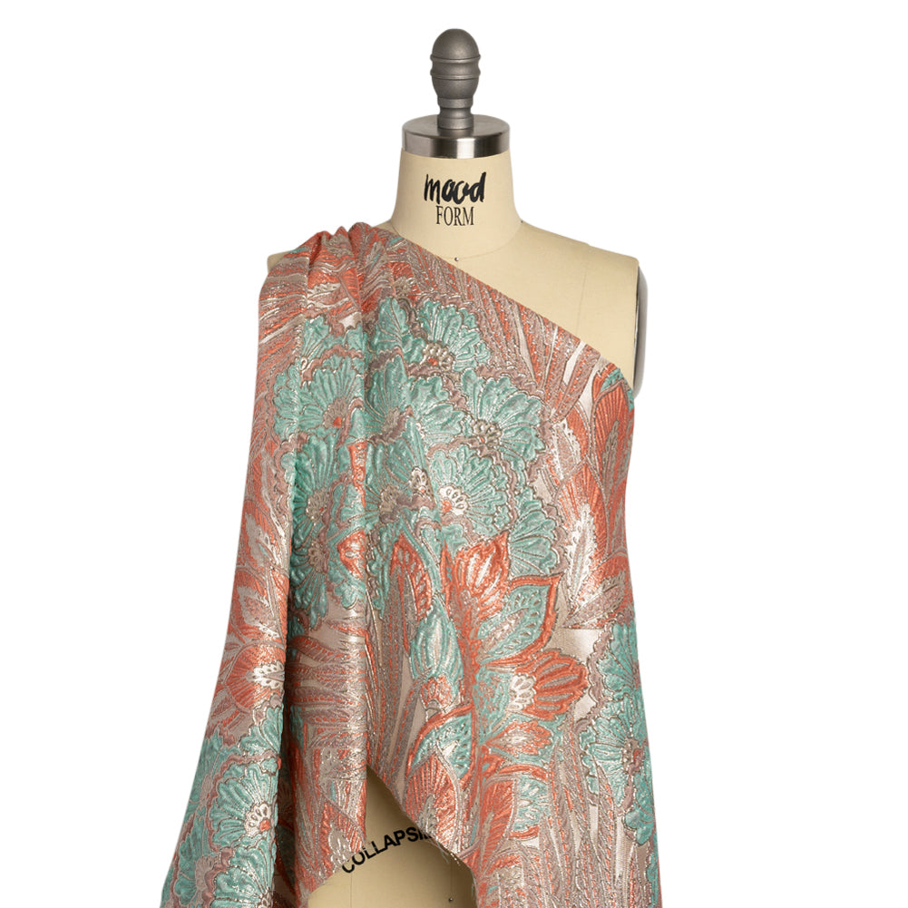 Metallic Silver, Peach and Robin's Egg Blue Gleaming Garden Luxury Brocade Detail