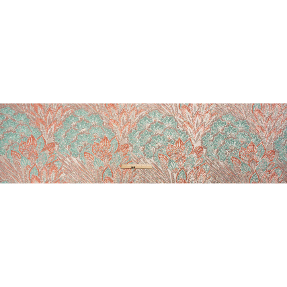 Metallic Silver, Peach and Robin's Egg Blue Gleaming Garden Luxury Brocade Drape
