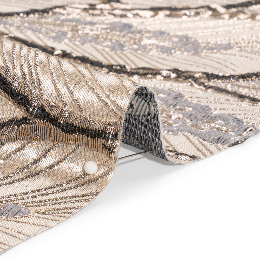Metallic Beige, Silver and Gray Decorated Feathers Luxury Brocade - Folded