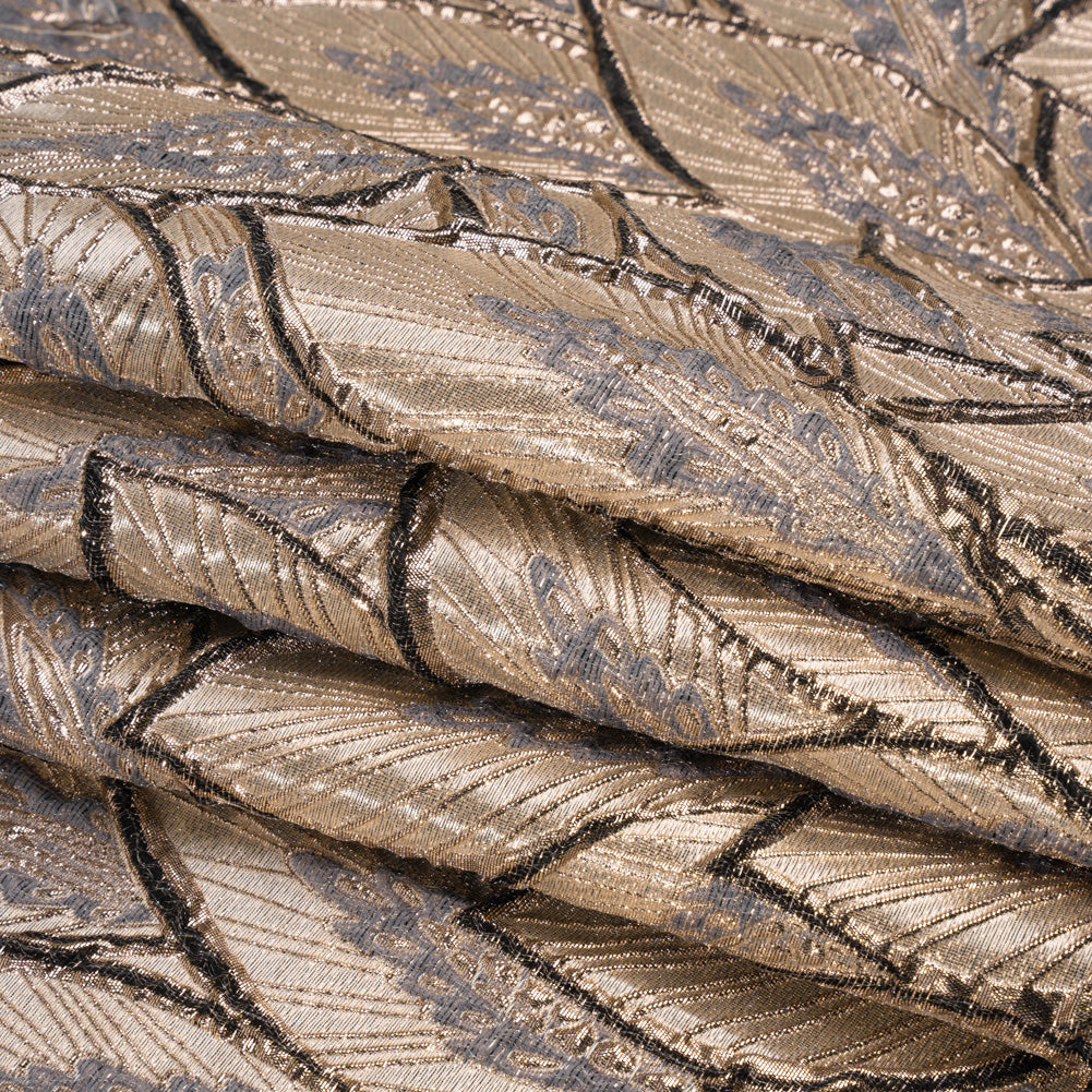 Metallic Beige, Silver and Gray Decorated Feathers Luxury Brocade - Full