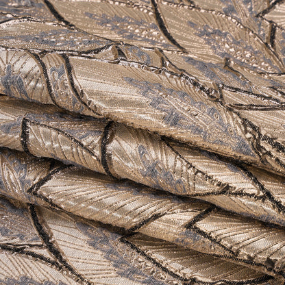 Metallic Beige, Silver and Gray Decorated Feathers Luxury Brocade - Full
