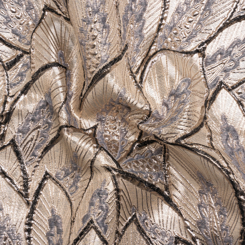 Metallic Beige, Silver and Gray Decorated Feathers Luxury Brocade