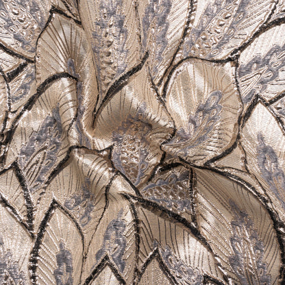 Metallic Beige, Silver and Gray Decorated Feathers Luxury Brocade