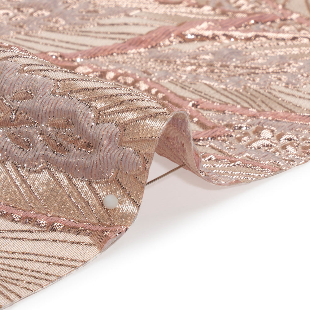 Metallic Baby Pink, Silver and Cream Decorated Feathers Luxury Brocade - Folded