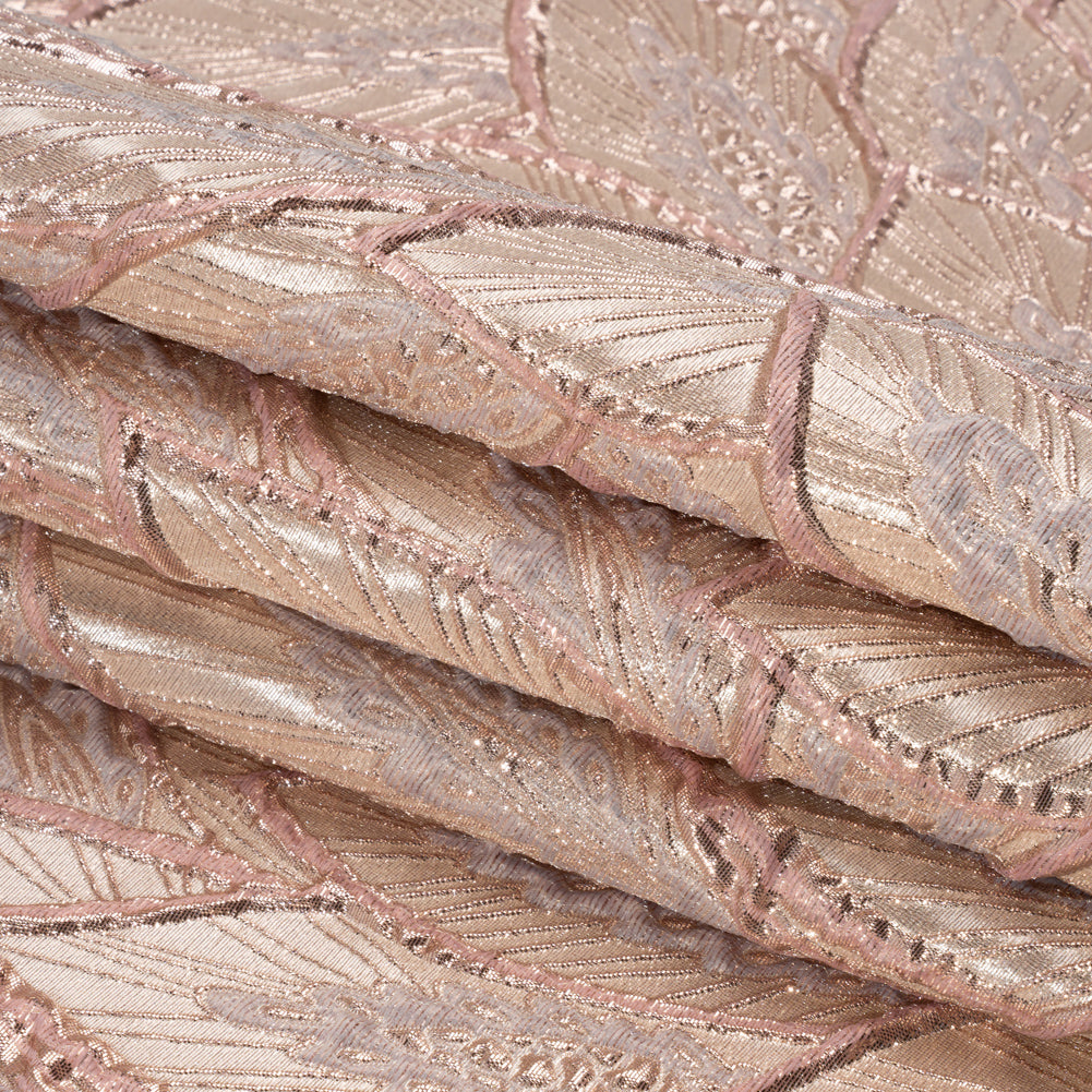 Metallic Baby Pink, Silver and Cream Decorated Feathers Luxury Brocade - Full