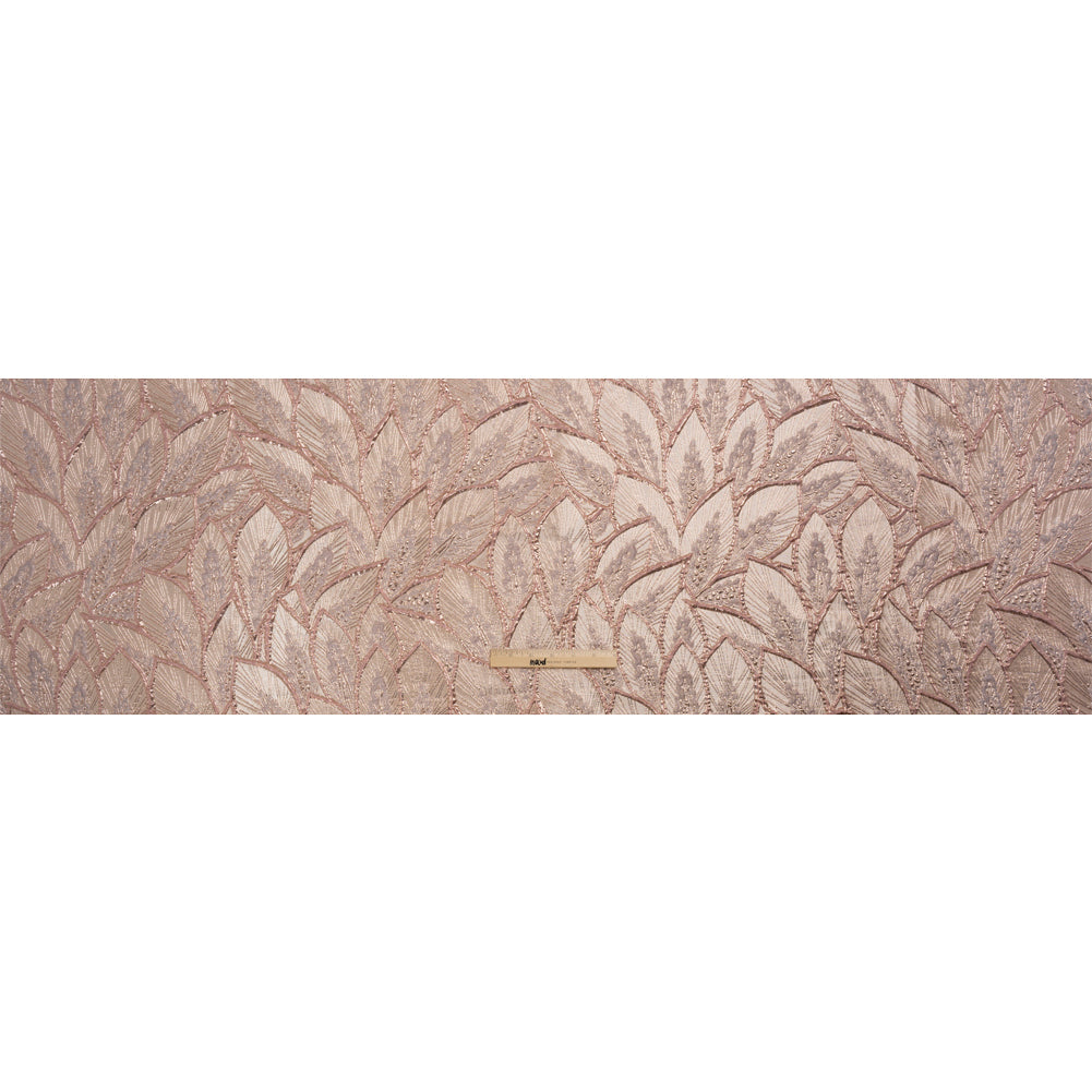 Metallic Baby Pink, Silver and Cream Decorated Feathers Luxury Brocade - Drape