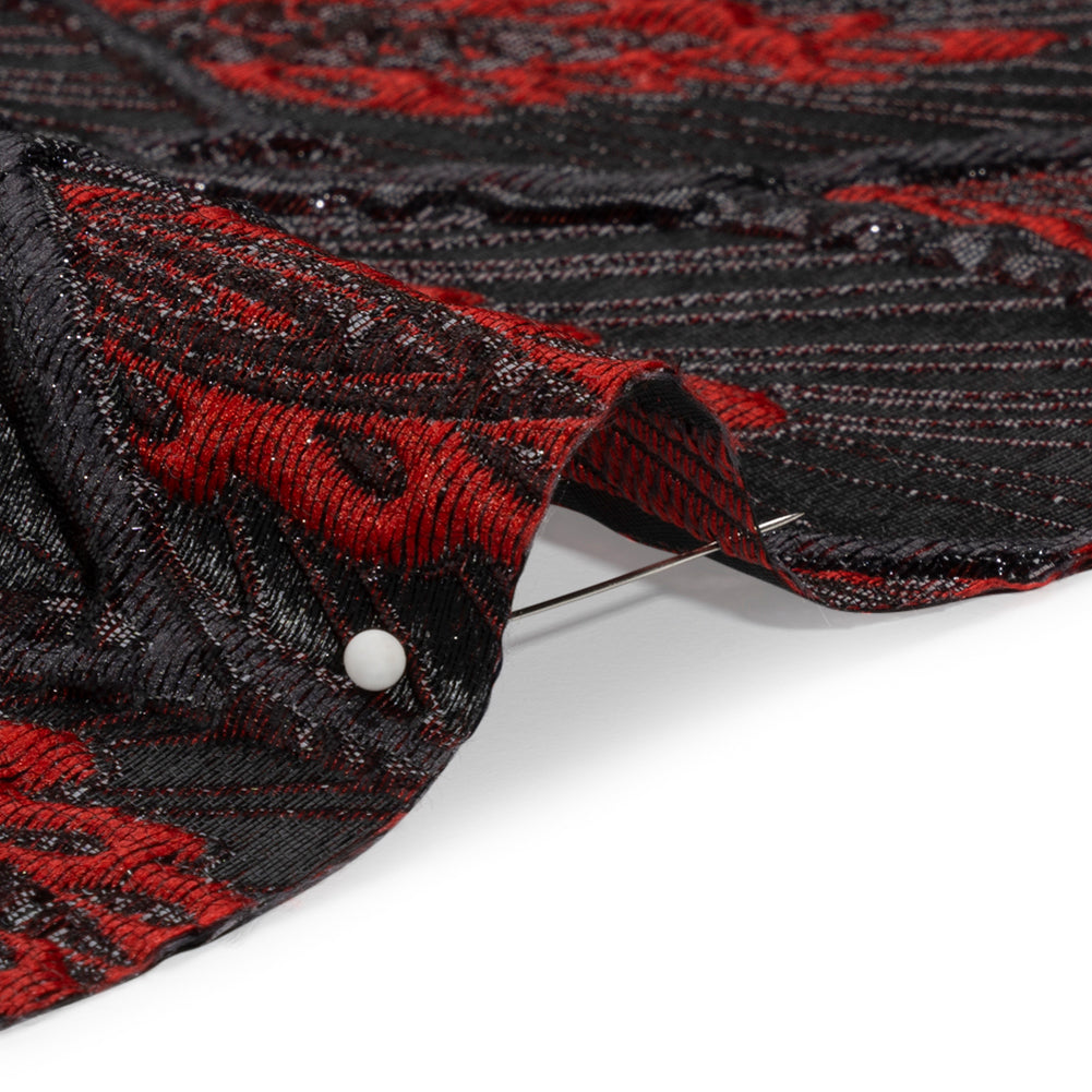 Metallic Black and Red Decorated Feathers Luxury Brocade - Folded
