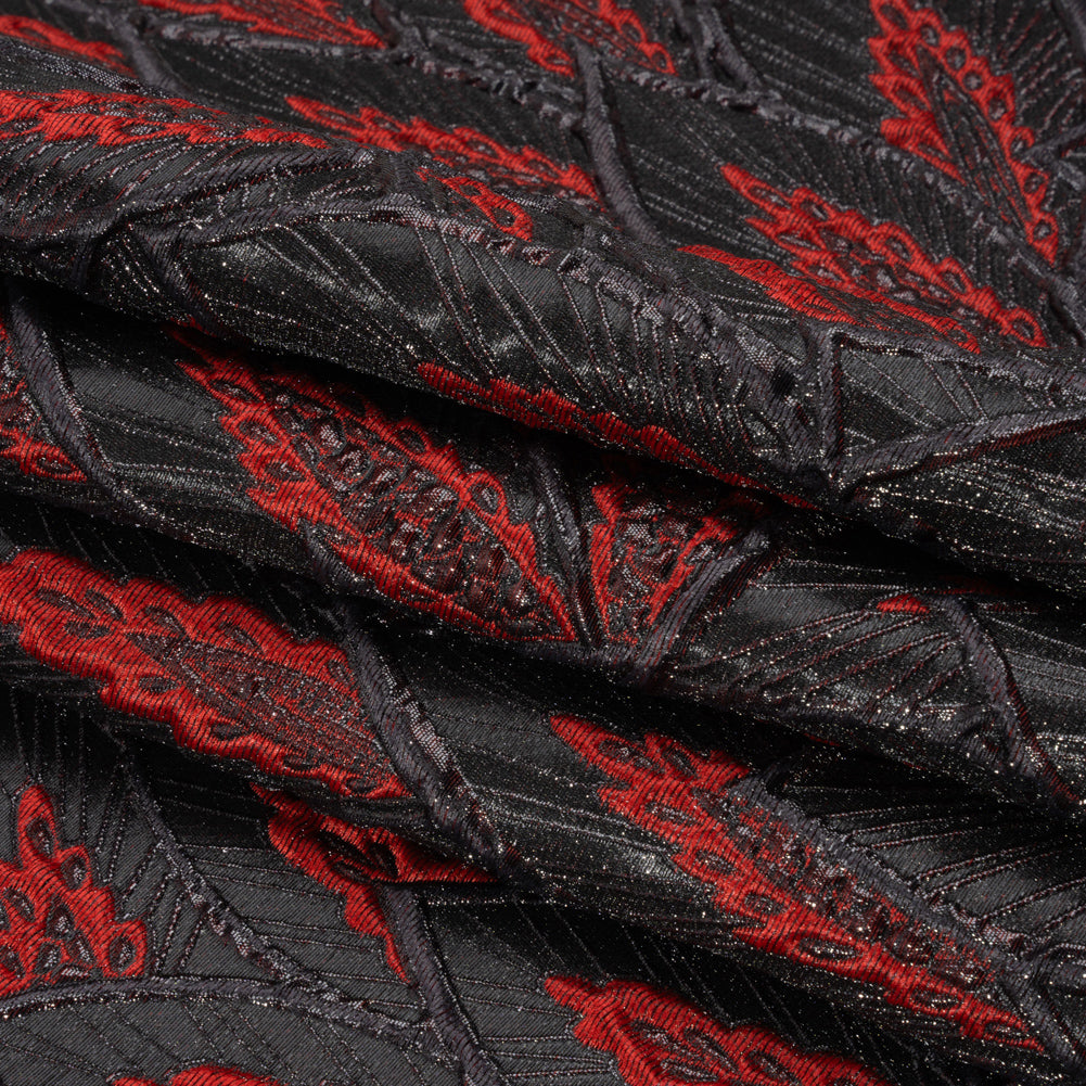 Metallic Black and Red Decorated Feathers Luxury Brocade - Full