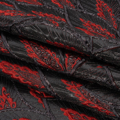Metallic Black and Red Decorated Feathers Luxury Brocade - Full