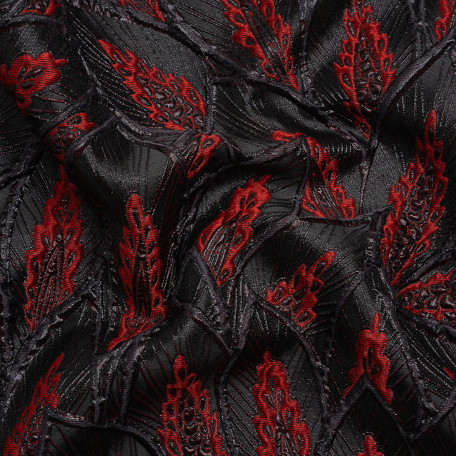 Metallic Black and Red Decorated Feathers Luxury Brocade
