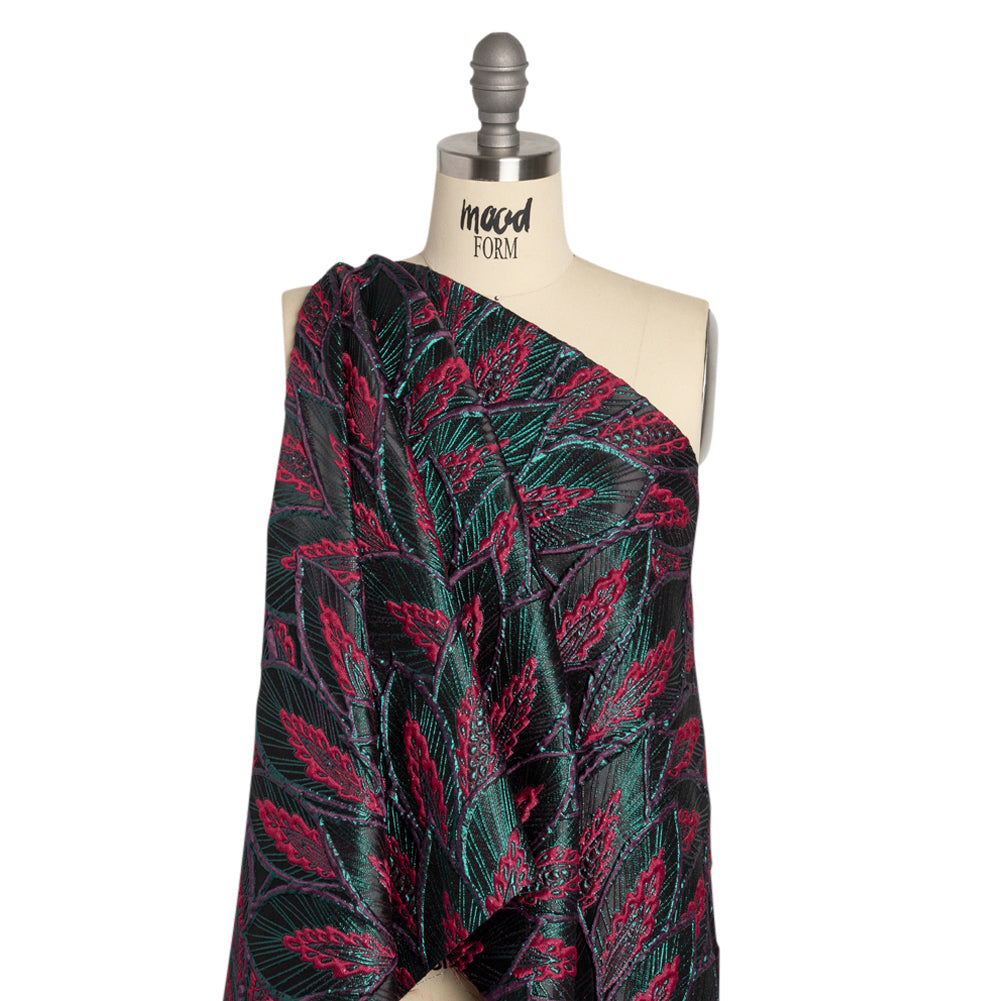 Metallic Teal, Raspberry and Black Decorated Feathers Luxury Brocade Detail