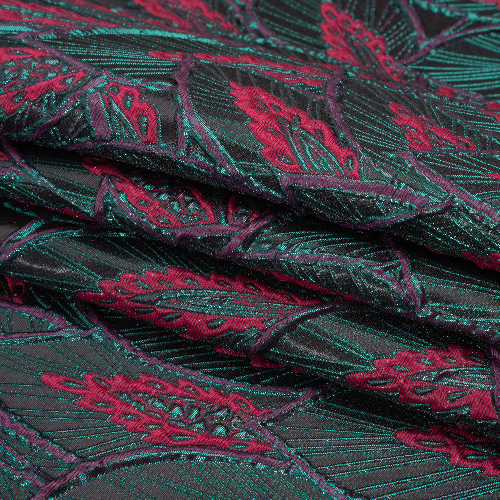 Metallic Teal, Raspberry and Black Decorated Feathers Luxury Brocade Full