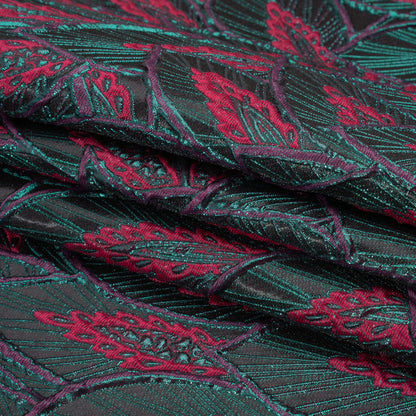 Metallic Teal, Raspberry and Black Decorated Feathers Luxury Brocade Full