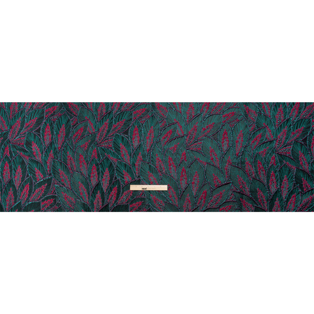 Metallic Teal, Raspberry and Black Decorated Feathers Luxury Brocade Drape