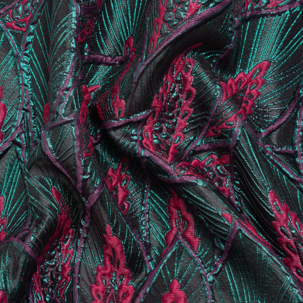 Metallic Teal, Raspberry and Black Decorated Feathers Luxury Brocade