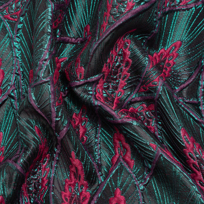 Metallic Teal, Raspberry and Black Decorated Feathers Luxury Brocade
