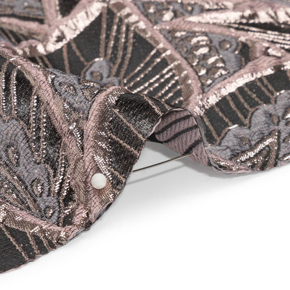 Metallic Dusty Rose, Silver and Black Decorated Feathers Luxury Brocade - Folded