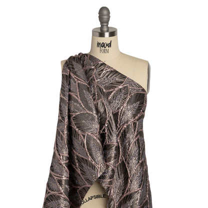 Metallic Dusty Rose, Silver and Black Decorated Feathers Luxury Brocade - Detail