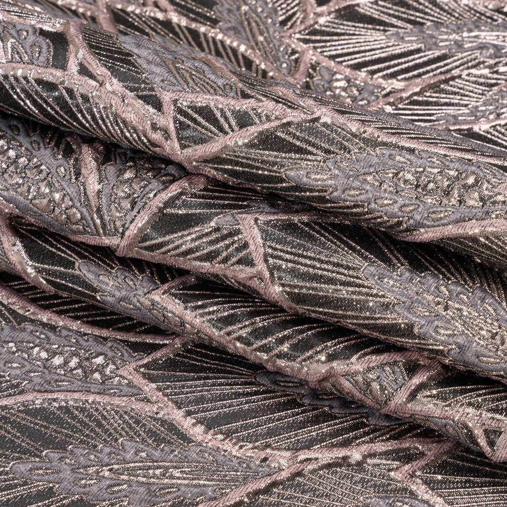 Metallic Dusty Rose, Silver and Black Decorated Feathers Luxury Brocade - Full