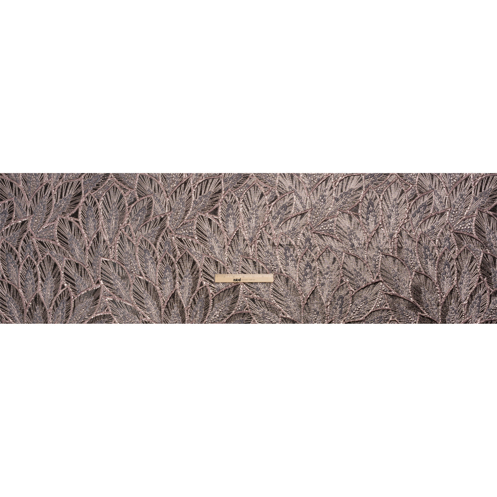 Metallic Dusty Rose, Silver and Black Decorated Feathers Luxury Brocade - Drape