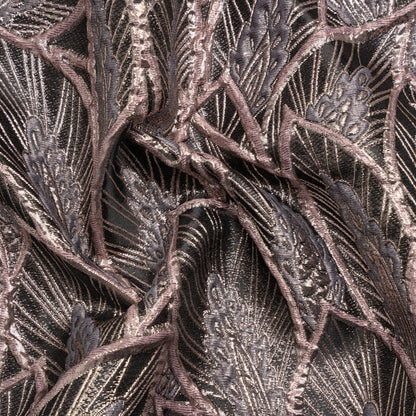 Metallic Dusty Rose, Silver and Black Decorated Feathers Luxury Brocade