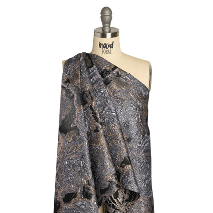 Metallic Gray, Silver and Black Rose Field Luxury Brocade Detail