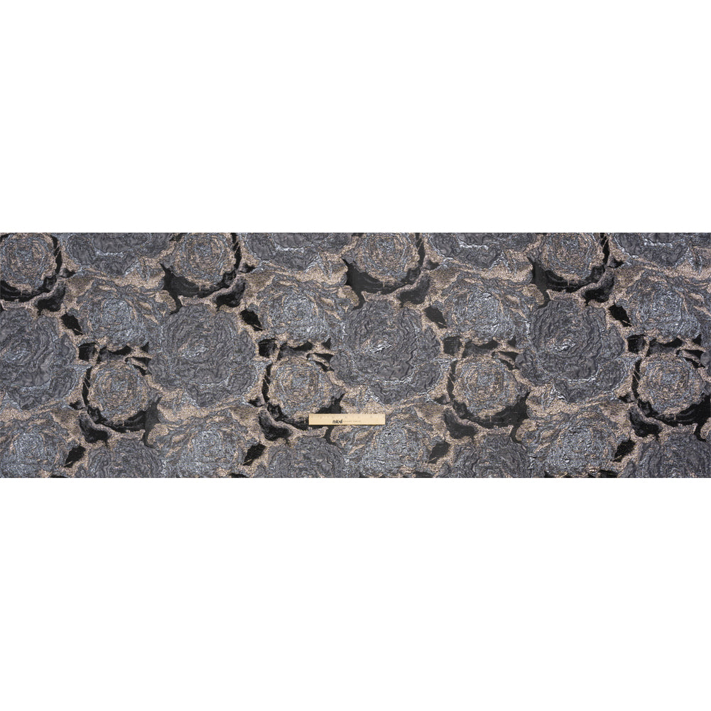 Metallic Gray, Silver and Black Rose Field Luxury Brocade Drape