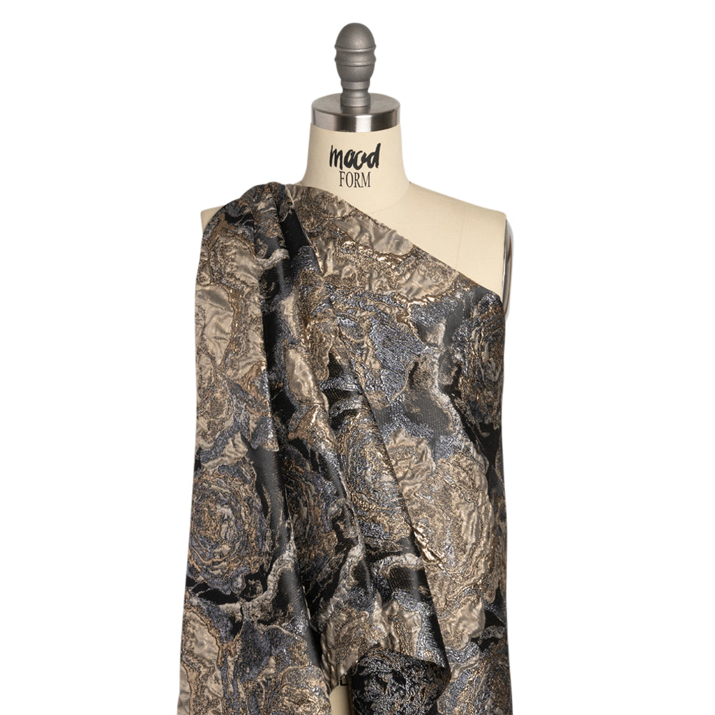 Metallic Gold, Silver and Black Rose Field Luxury Brocade Detail