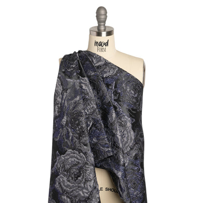 Metallic Navy, Black and Gray Rose Field Luxury Brocade - Detail