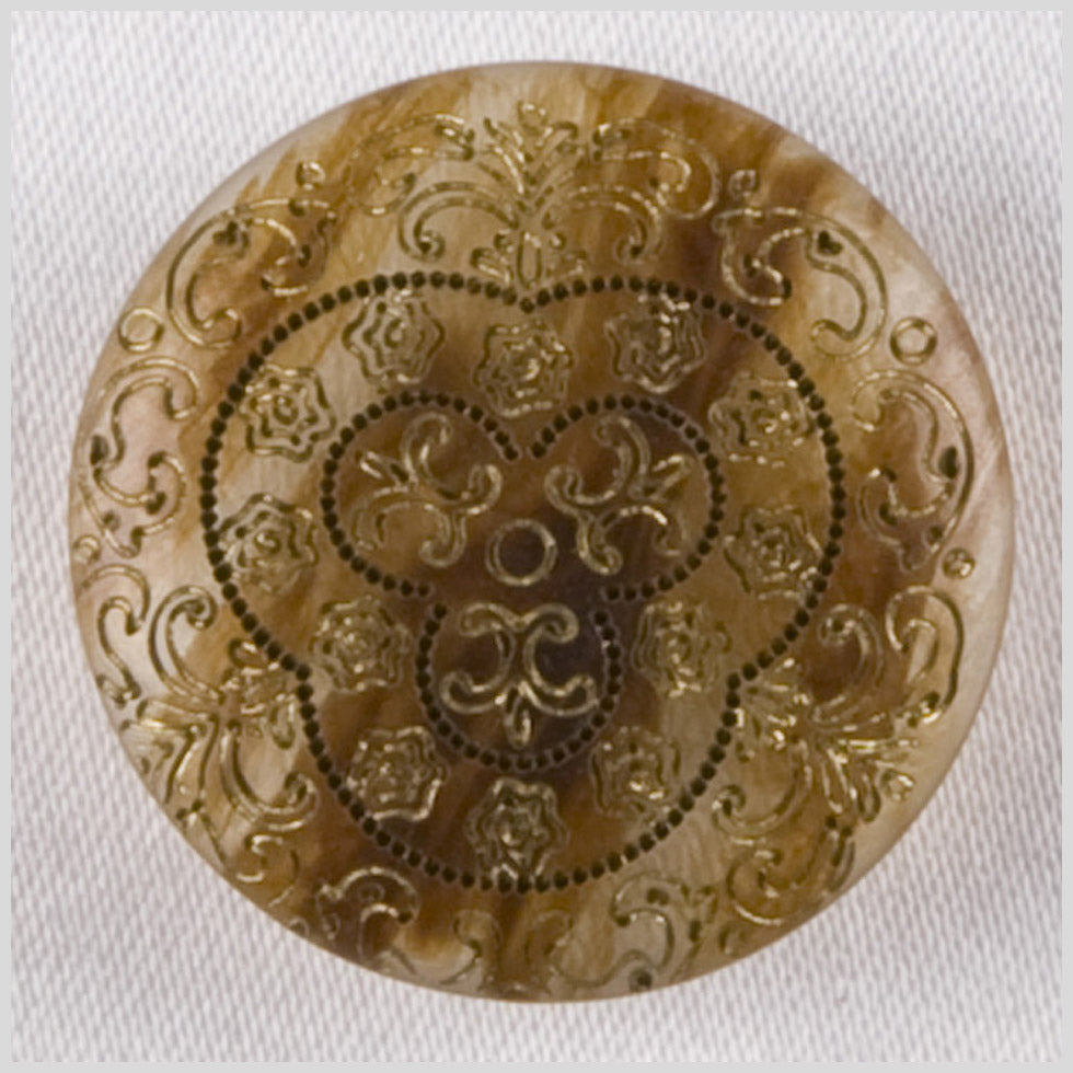 Plastic Shank Back Button - 32L/20mm - Dark Tan and Cream Streaked Ornate Engravings