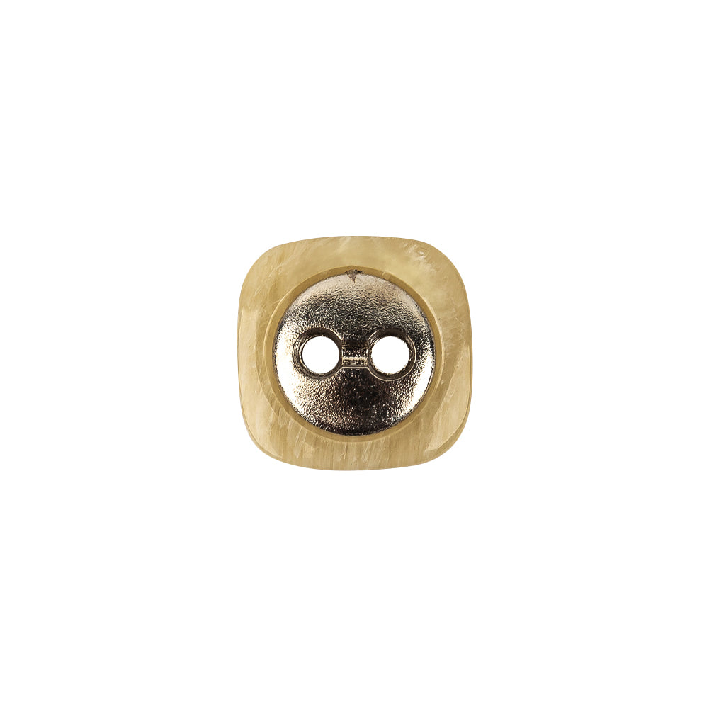 Square Plastic and Metal 2-Hole Button - 24L/15mm - Light Beige Striated with Metal Holes Detail