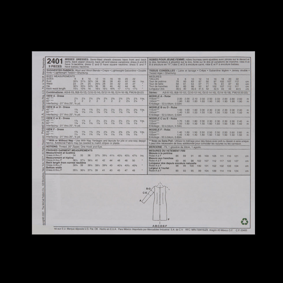 McCall's Sheath Dress Pattern 2401 Size A - Detail