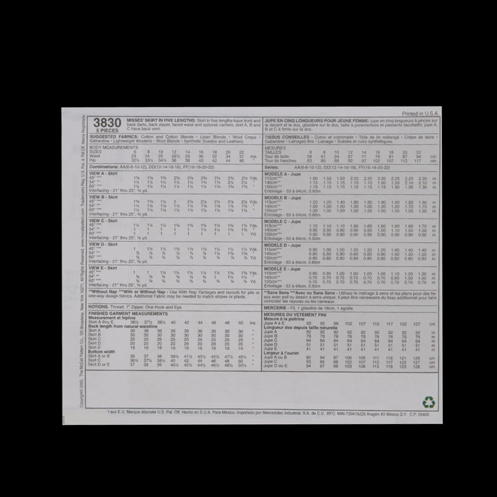 McCall's Skirt Pattern 3830 Size DD - Detail