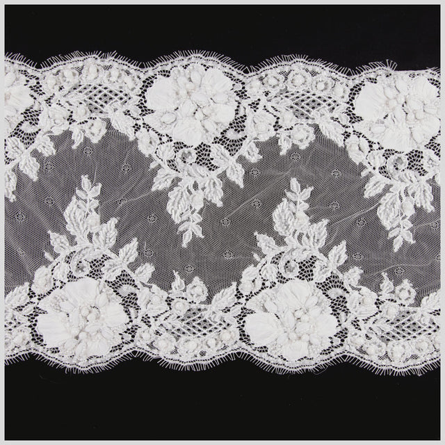 10" White Beaded Lace Trim w/ Scalloped Eyelash Edges