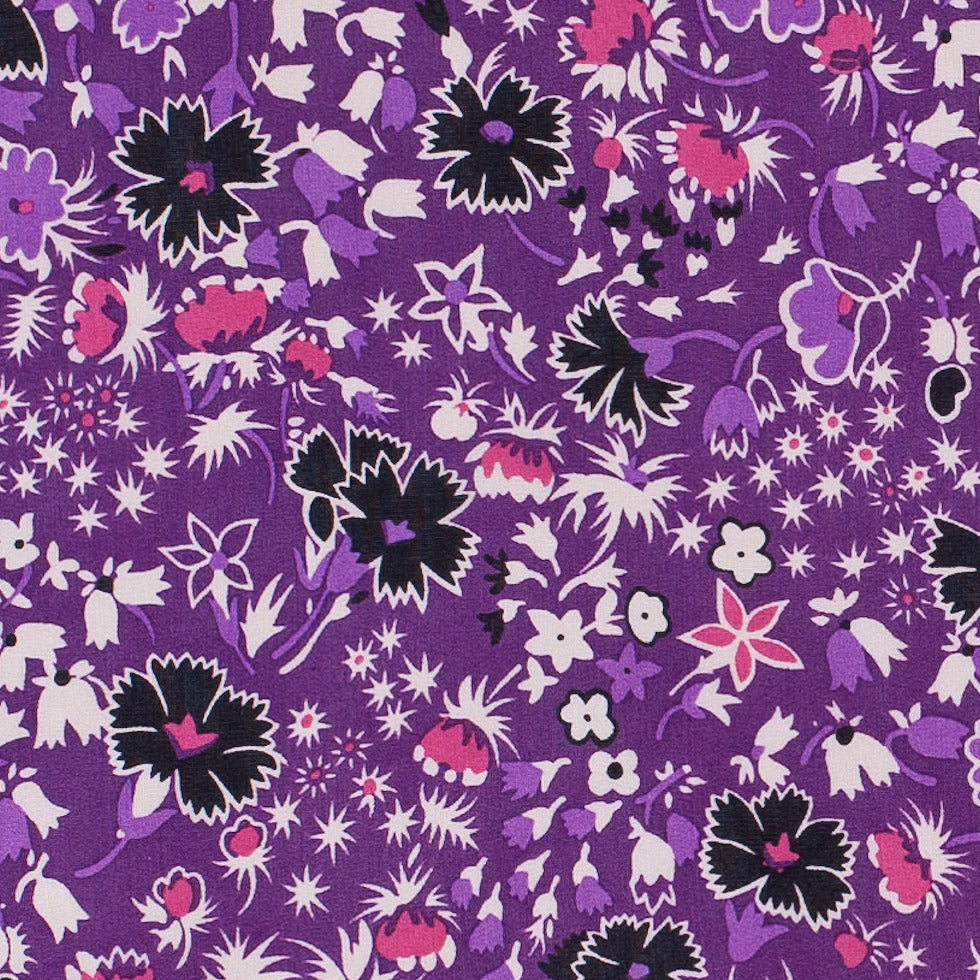 Famous Designer Bright Violet Retro Floral Silk Chiffon Print - Detail
