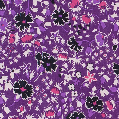 Famous Designer Bright Violet Retro Floral Silk Chiffon Print - Detail
