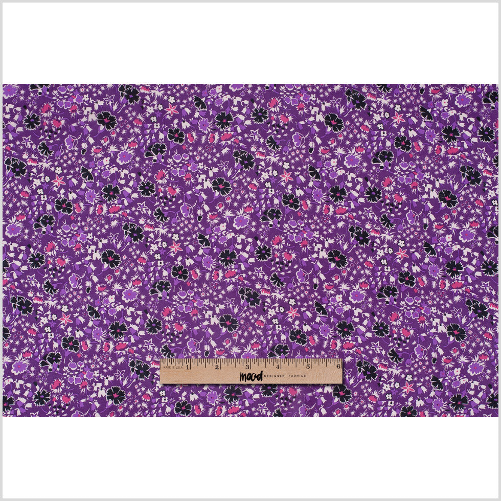 Famous Designer Bright Violet Retro Floral Silk Chiffon Print - Full
