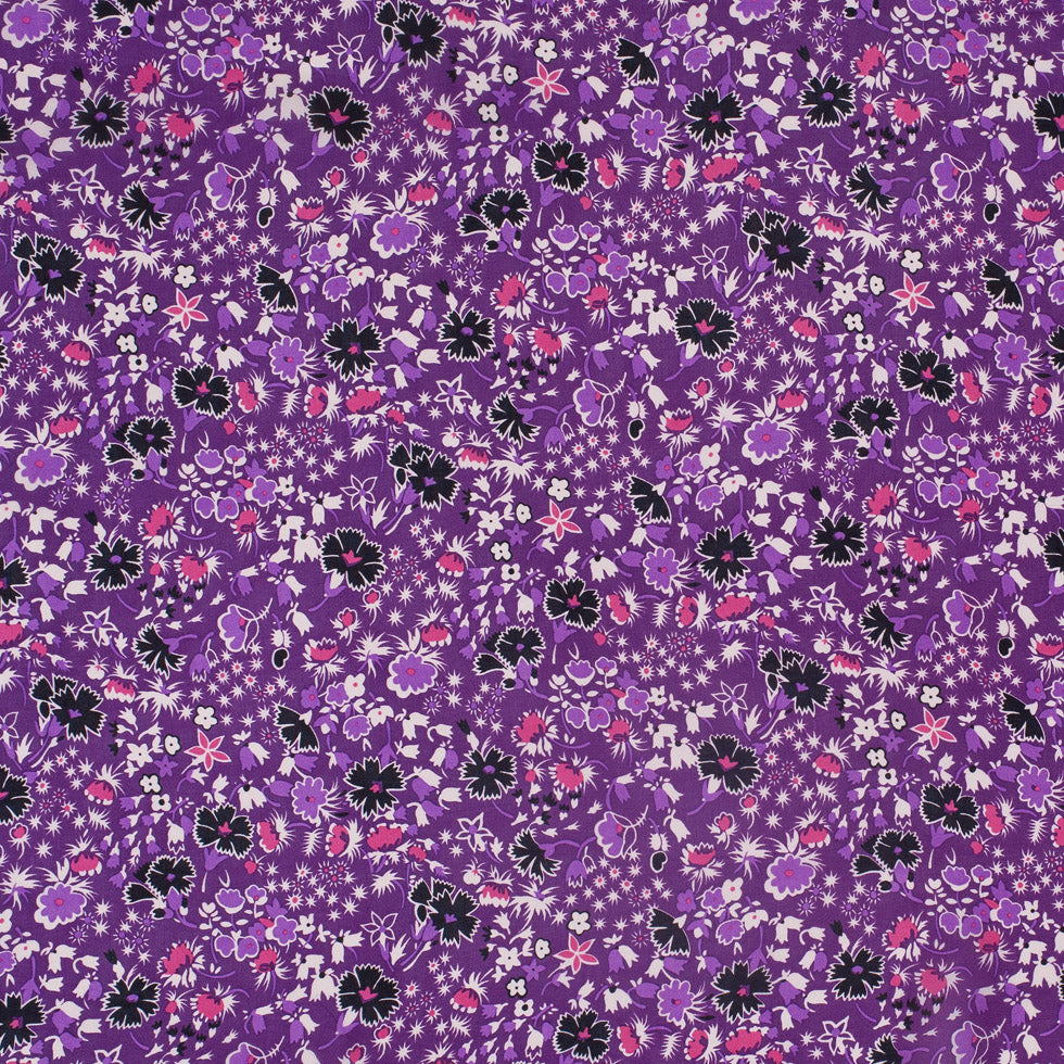 Famous Designer Bright Violet Retro Floral Silk Chiffon Print