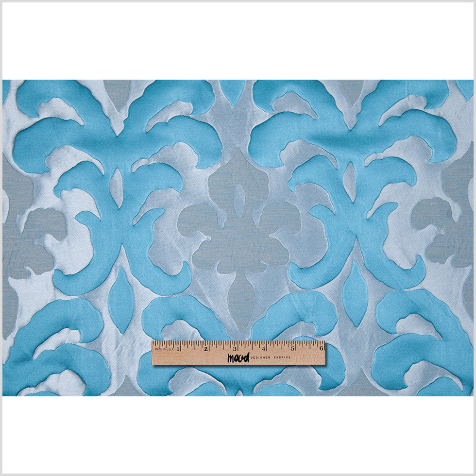 Blue Damask Polyester Brocade Satin - Full