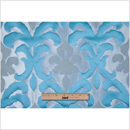 Blue Damask Polyester Brocade Satin - Full