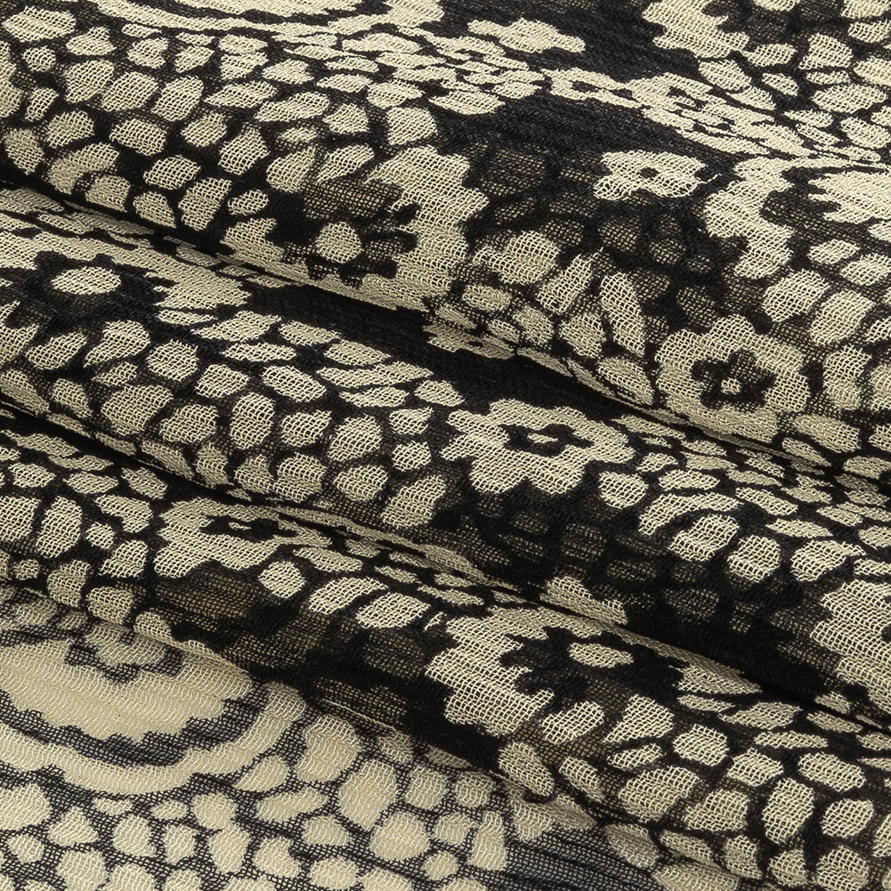 Famous NYC Designer Pewter and Bone White Abstracted Floral Crinkled Silk Chiffon - Folded