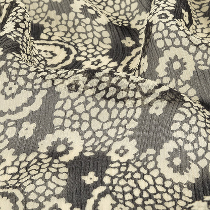 Famous NYC Designer Pewter and Bone White Abstracted Floral Crinkled Silk Chiffon - Detail