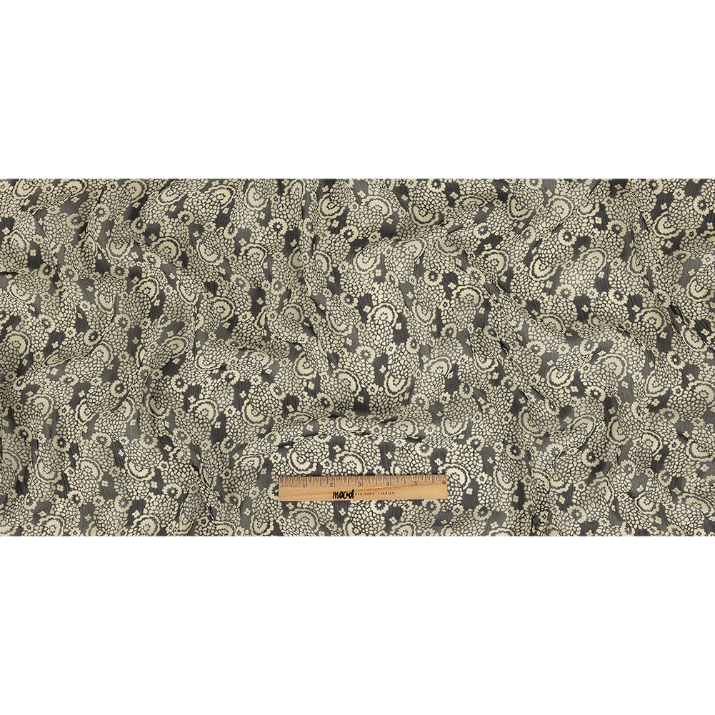 Famous NYC Designer Pewter and Bone White Abstracted Floral Crinkled Silk Chiffon - Full