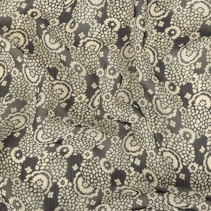 Famous NYC Designer Pewter and Bone White Abstracted Floral Crinkled Silk Chiffon