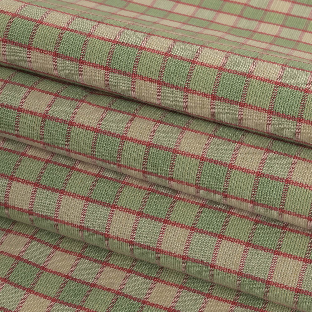 Mint Green and Red Checked Handwoven Cotton - Folded