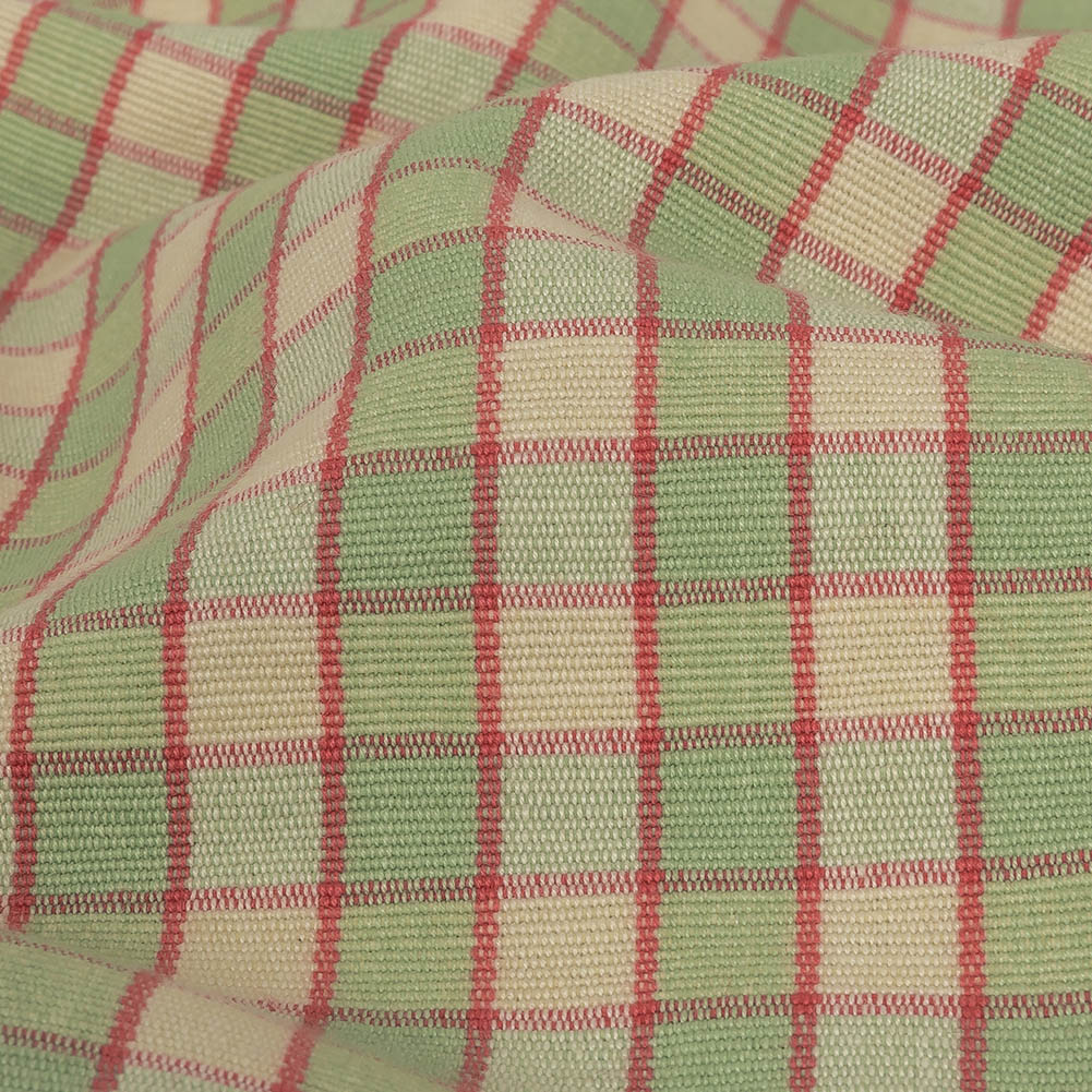 Mint Green and Red Checked Handwoven Cotton - Detail