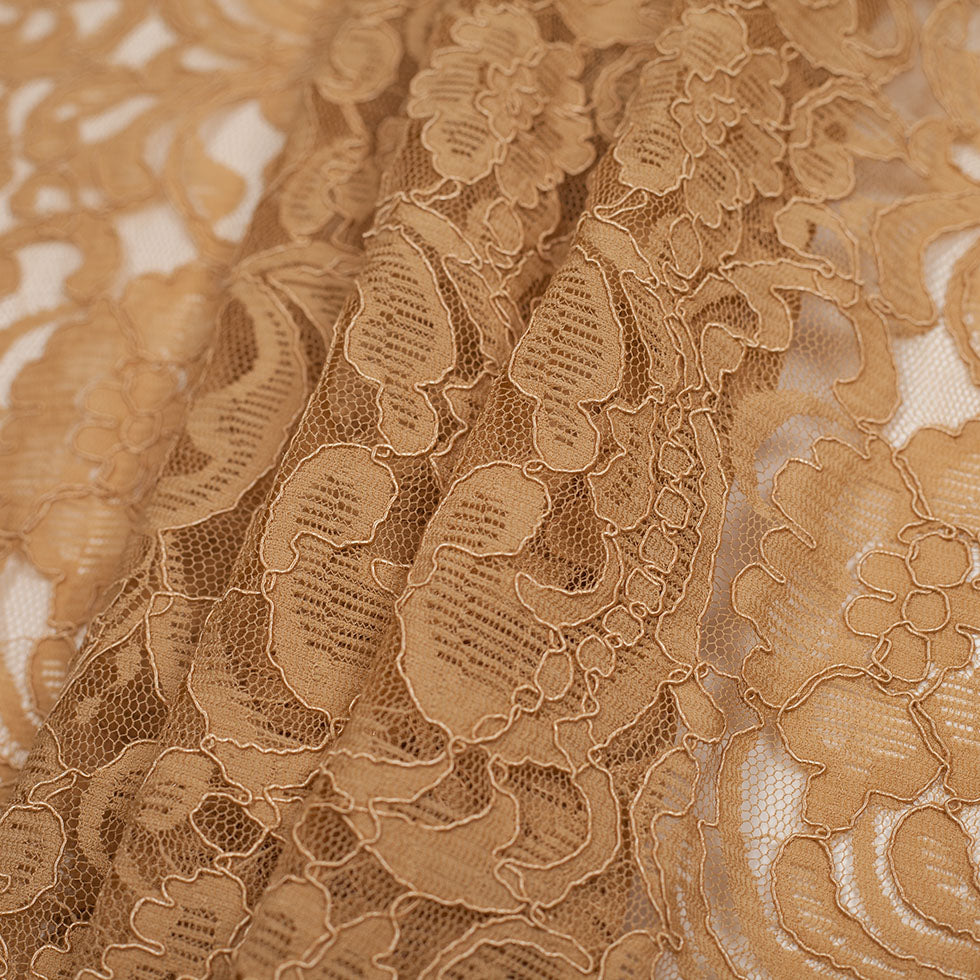 Re-Embroidered Lace with Scalloped Edge - Camel Floral Folded