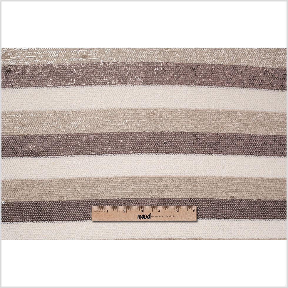 Beige/Brown/White Striped Baby Sequins on Polyester Mesh - Folded
