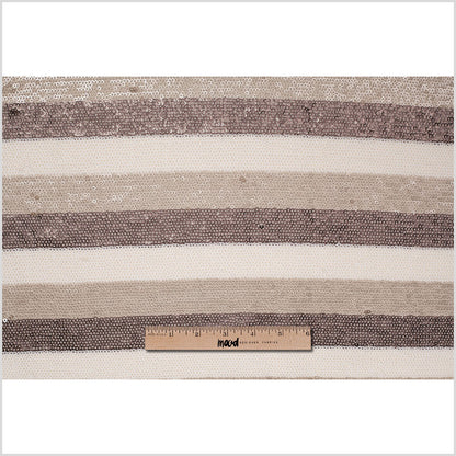 Beige/Brown/White Striped Baby Sequins on Polyester Mesh - Folded