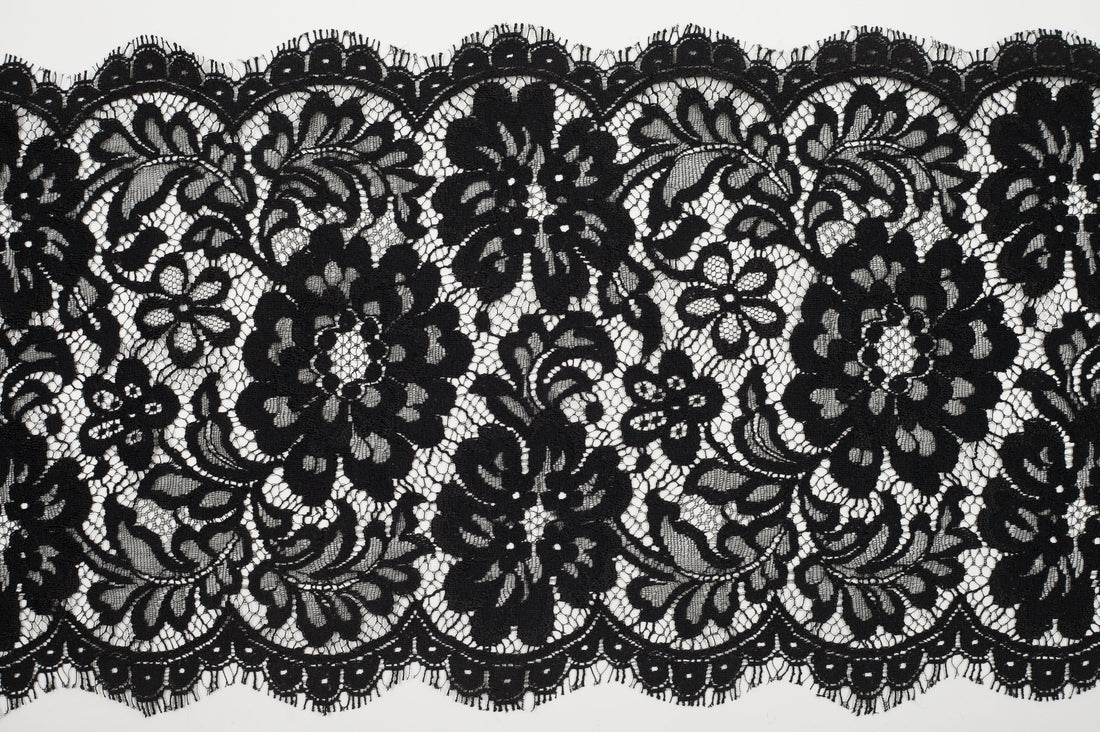 9 Jet Black Scallop-Edged Floral Lace Trim